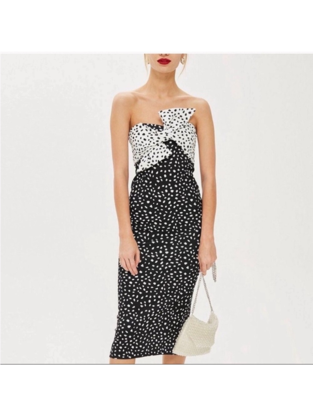 Topshop Strapless Black & White Monochrome Spot Bow Twist Midi Dress